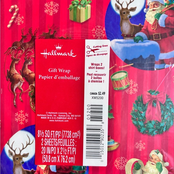 Hallmark Christmas Gift Wrap Santa Reindeer Wreath 2 Sheets - Picture 2 of 3
